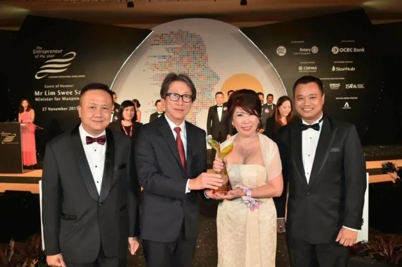 Bee Choo Origin founder Madam Cheah Bee Chew receiving the Entrepreneur of the Year Award in Singapore, 2017